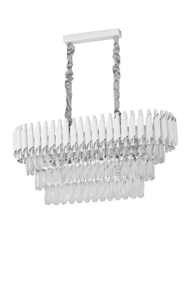 Palmira 75x35 Cm'lik 3 Katlı Prizma Kesim Kristal Taşlı Lüks Avize 6'lı - (Beyaz Gold)